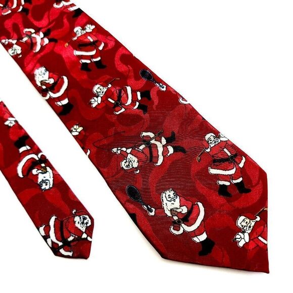 Wembley Christmas Santa Klaus Golf Fishing Red Polyester Jacquard Print Tie - Picture 1 of 6
